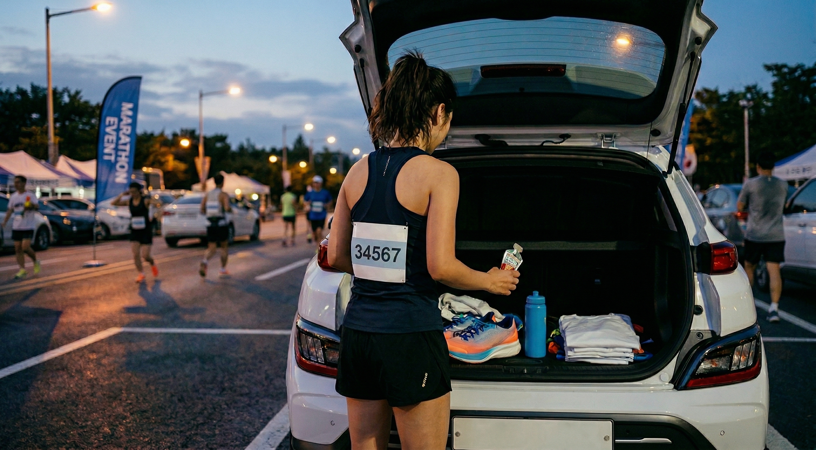차량 트렁크에 실은 짐을 통해 마라톤을 준비하고 있는 여성 키비주얼